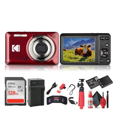 Kodak Pixpro FZ55 Digital Camera (Red) Bundle Including: 128 GB Memory Card, Rechargeable Battery, Battery Charger, Flexible Tripod, Card Reader, Card Wallet, Hand Strap, Full Cleaning Kit