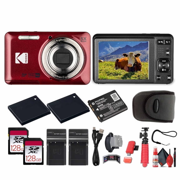 Kodak Pixpro FZ55 Digital Camera (Red) Bundle Including: 2x 128 GB Memory Card, 2x Rechargeable Battery, Battery Charger, Camera Case, Flexible Tripod, Card Reader, Card Wallet, Hand Strap, More