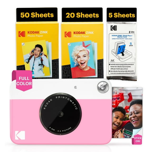 Kodak Printomatic Instant Print Camera with ZINK Zero-Ink Printing, 5MP, 2x3 Photo Paper (75 Sheets), Pink