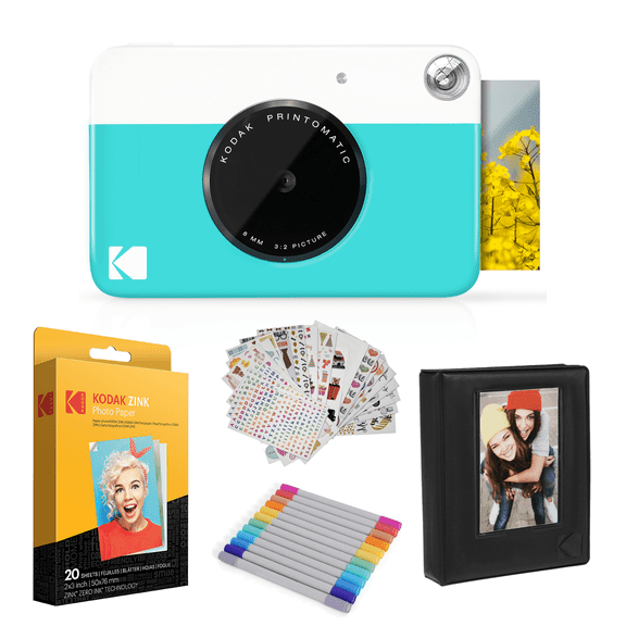 Kodak Printomatic Instant Camera (Blue) Bundle, 20 Pack Zink Paper, Case, Photo Album, and More