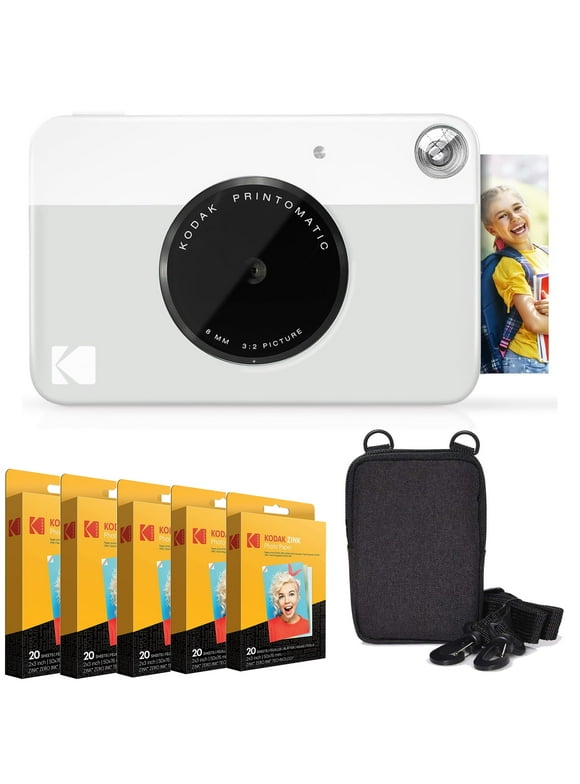 Kodak Printomatic Instant Camera (Gray) Bundle W/Zink Paper 100-Pack & Case