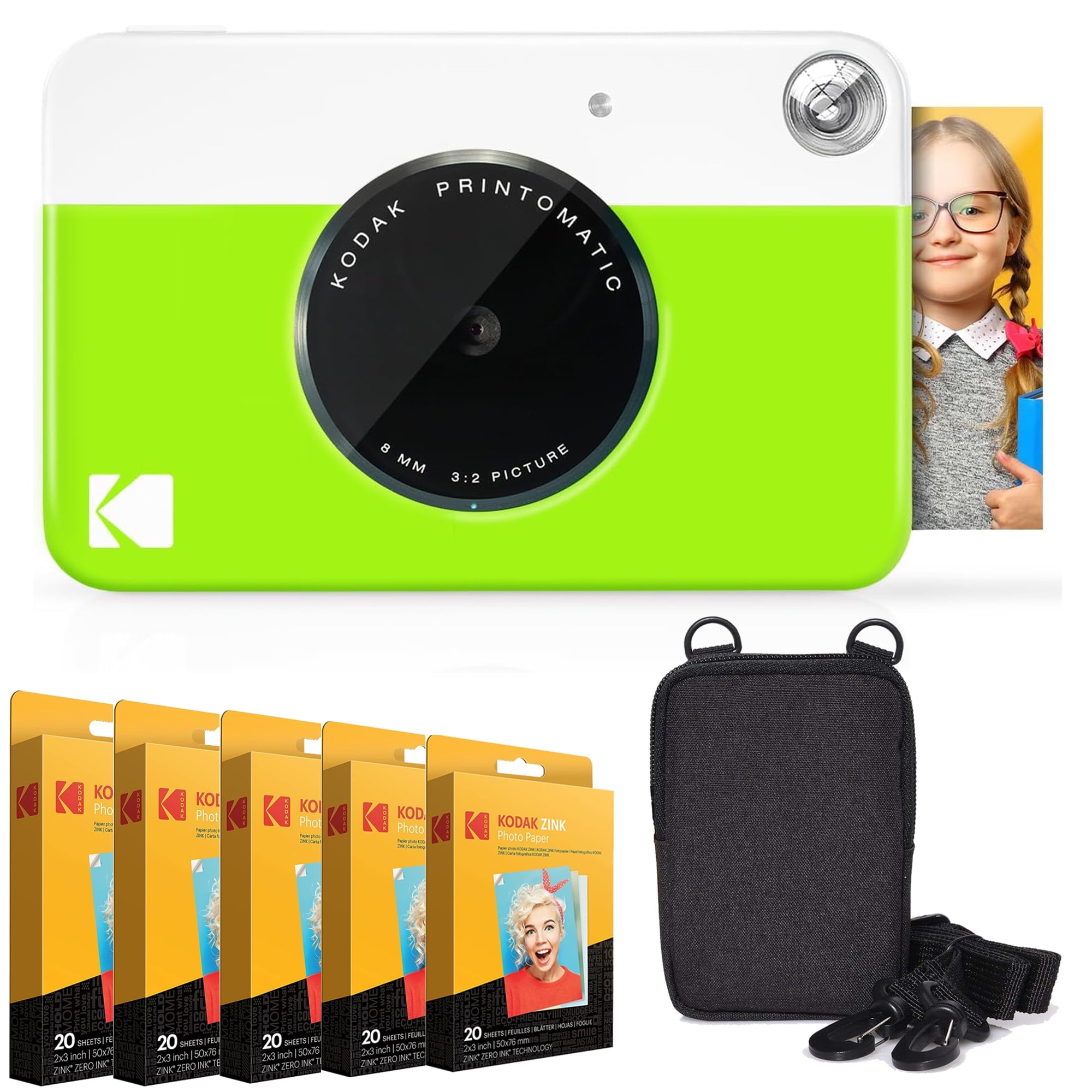 Kodak Printomatic Instant Camera (Green) Bundle W/Zink Paper 100-Pack & Case