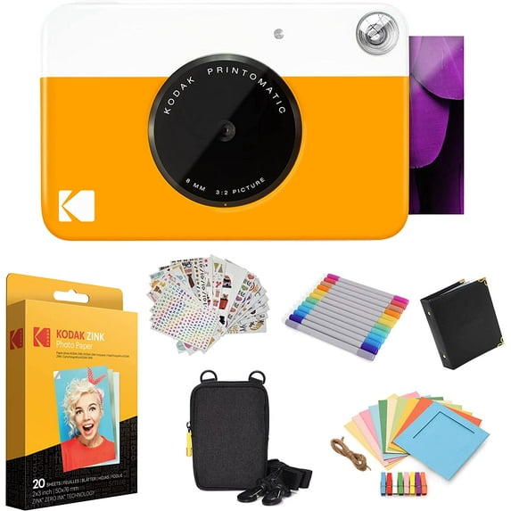 Kodak Printomatic Instant Camera (Yellow) Gift Bundle, Zink Paper, Case, Photo Album & More