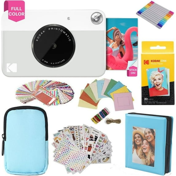 Kodak Printomatic Instant Print Camera Gift Bundle w/Blue Soft Case, 20-Pack Zink Photo Paper & More - Grey