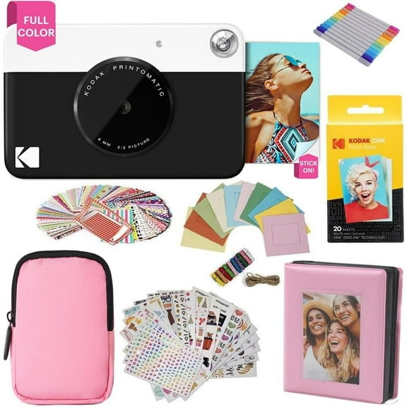 Kodak Printomatic Instant Print Camera Gift Bundle w/Pink Soft Case, 20-Pack Zink Photo Paper & More - Black