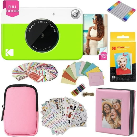 Kodak Printomatic Instant Print Camera Gift Bundle w/Pink Soft Case, 20-Pack Zink Photo Paper & More - Green