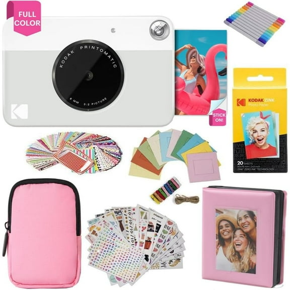 Kodak Printomatic Instant Print Camera Gift Bundle w/Pink Soft Case, 20-Pack Zink Photo Paper & More - Grey