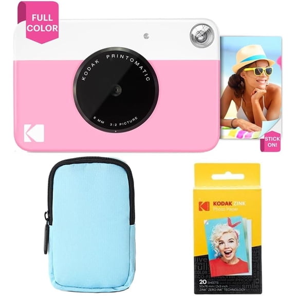 Kodak Printomatic Instant Print Camera Starter Bundle with Blue Soft Case & 20-Pack Zink Photo Paper - Pink