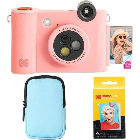 Kodak Smile+ 2-in-1 Instant Camera & Bluetooth Printer Starter Bundle w/ Deluxe Case (Pink)