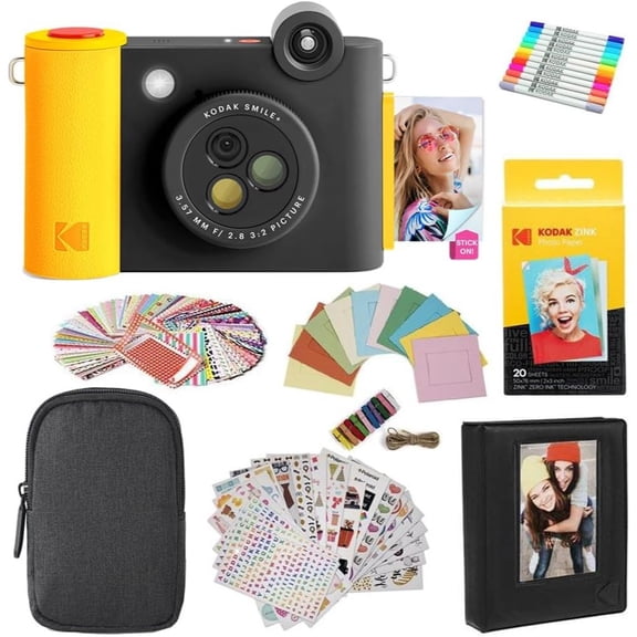 Kodak Smile+ 2-in-1 Instant Print Camera Gift Bundle w/ Case, Zink 20pk & Accessories (Black)