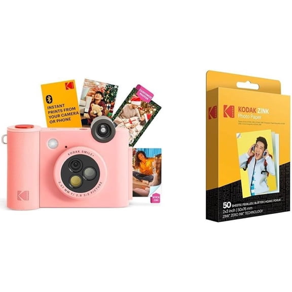 Kodak Smile+ 2-in-1 Instant Print Camera Gift Bundle w/ Case, Zink 20pk & Accessories (Pink)