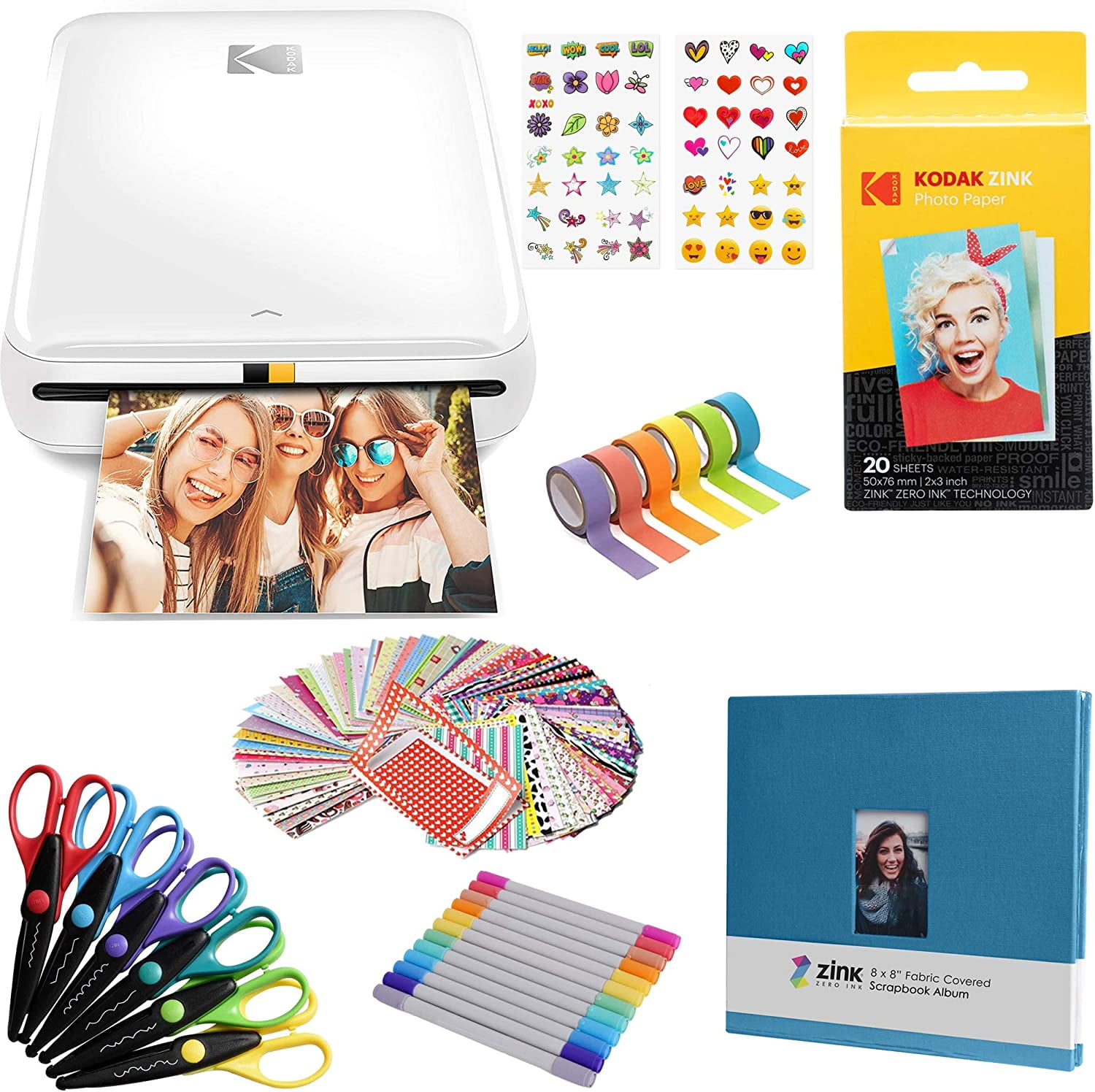Kodak Printomatic Instant Camera, All-In-Bundle + Zink Paper 20 Sheets +  Deluxe Case + Photo Album + 7 Sticker Sets + Markers + Scissors And More -  ZINK 2x3 Sticky-Backed Photo Paper