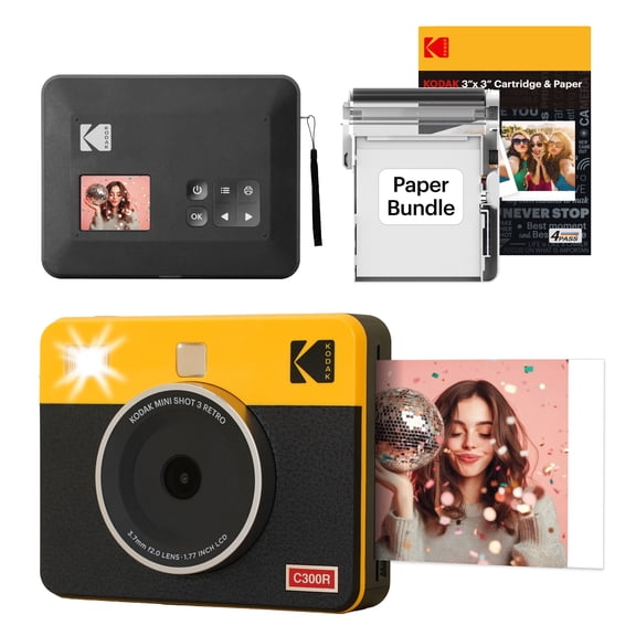 KODAK Mini Shot 3 Retro 4PASS 2-in-1 Instant Camera and Photo Printer (3x3 inches) + 38 Sheets Bundle, Yellow