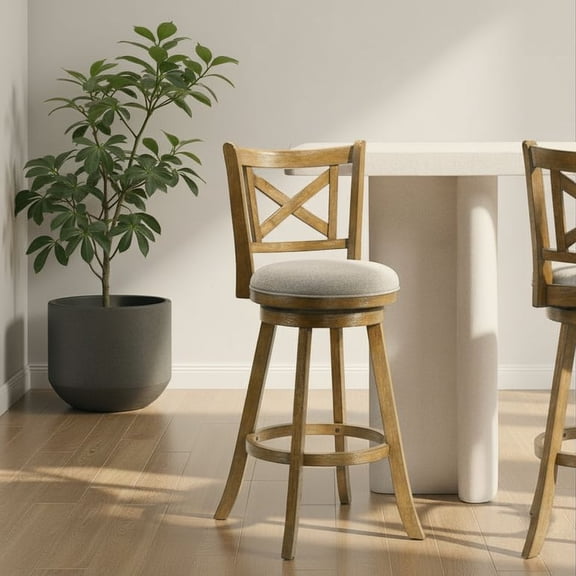 Kodi Modern Farmhouse Swivel Wood Bar Height Kitchen Bar Stool in Sepia Brown Finish with Grey Fabric Upholstered Seat