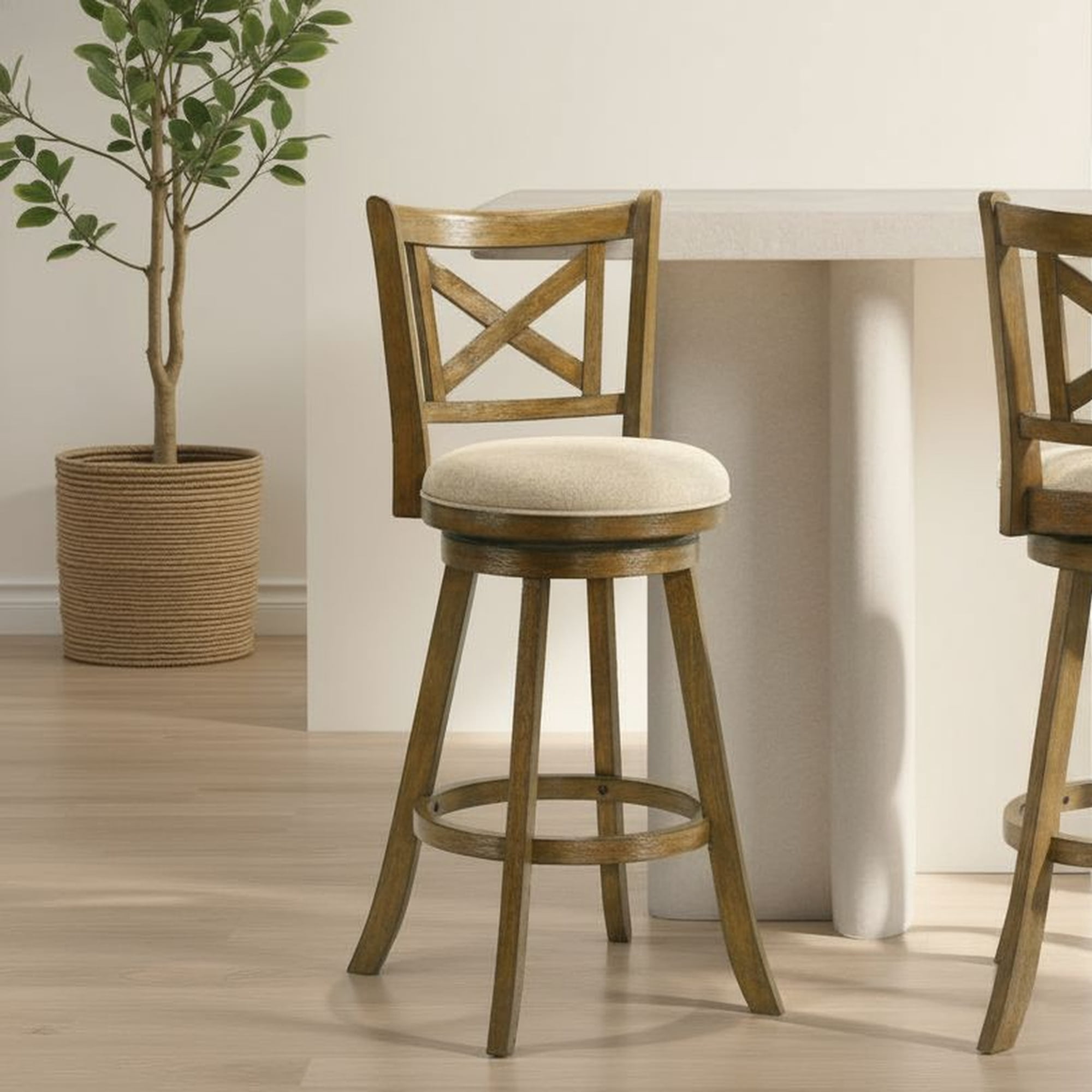 Kodi Modern Farmhouse Swivel Wood Bar Height Kitchen Bar Stool in Sepia Brown Finish with Light Scone Fabric Upholstered Seat - Set of 4