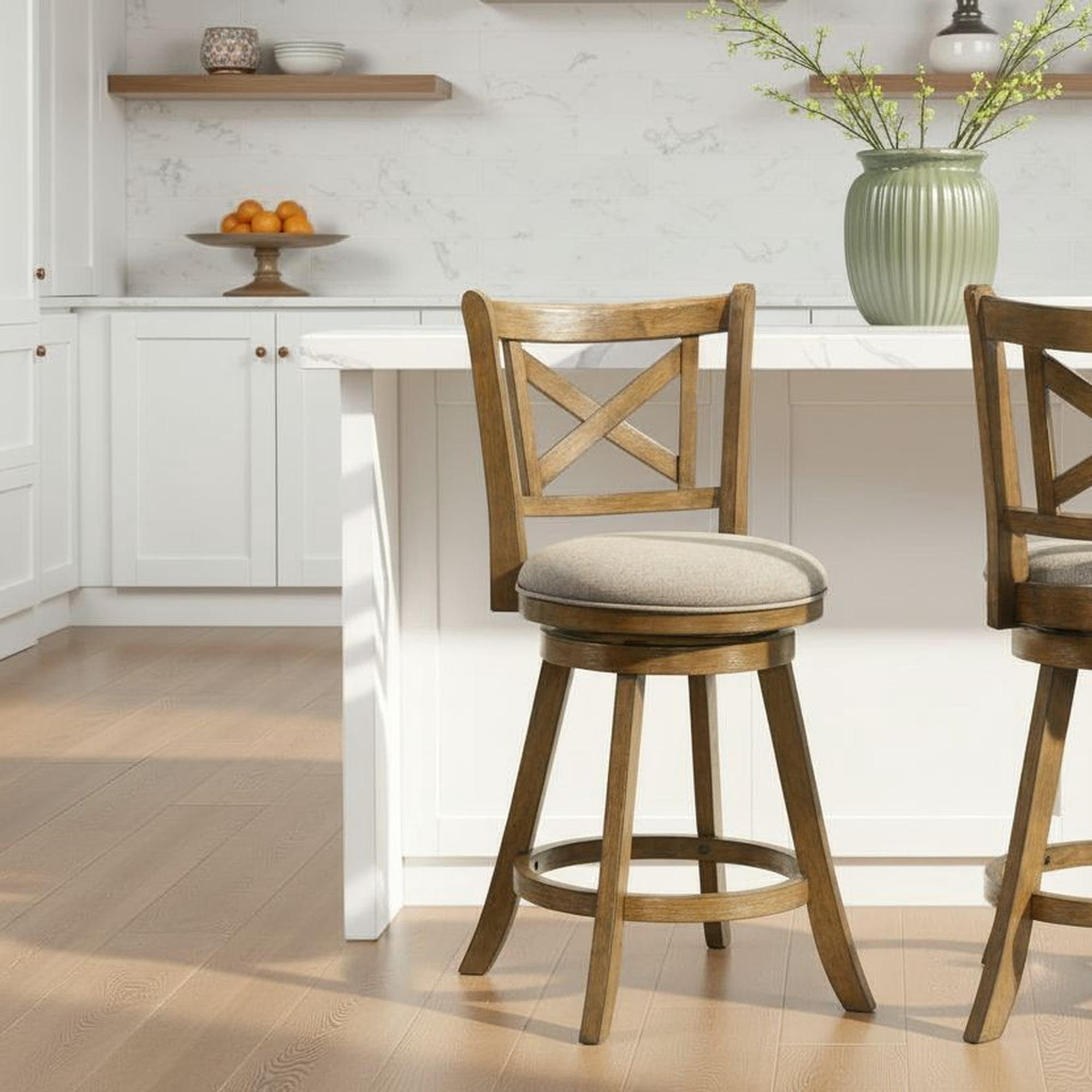 Kodi Modern Farmhouse Swivel Wood Counter Height Kitchen Bar Stool in Sepia Brown Finish with Grey Fabric Upholstered Seat - Set of 2