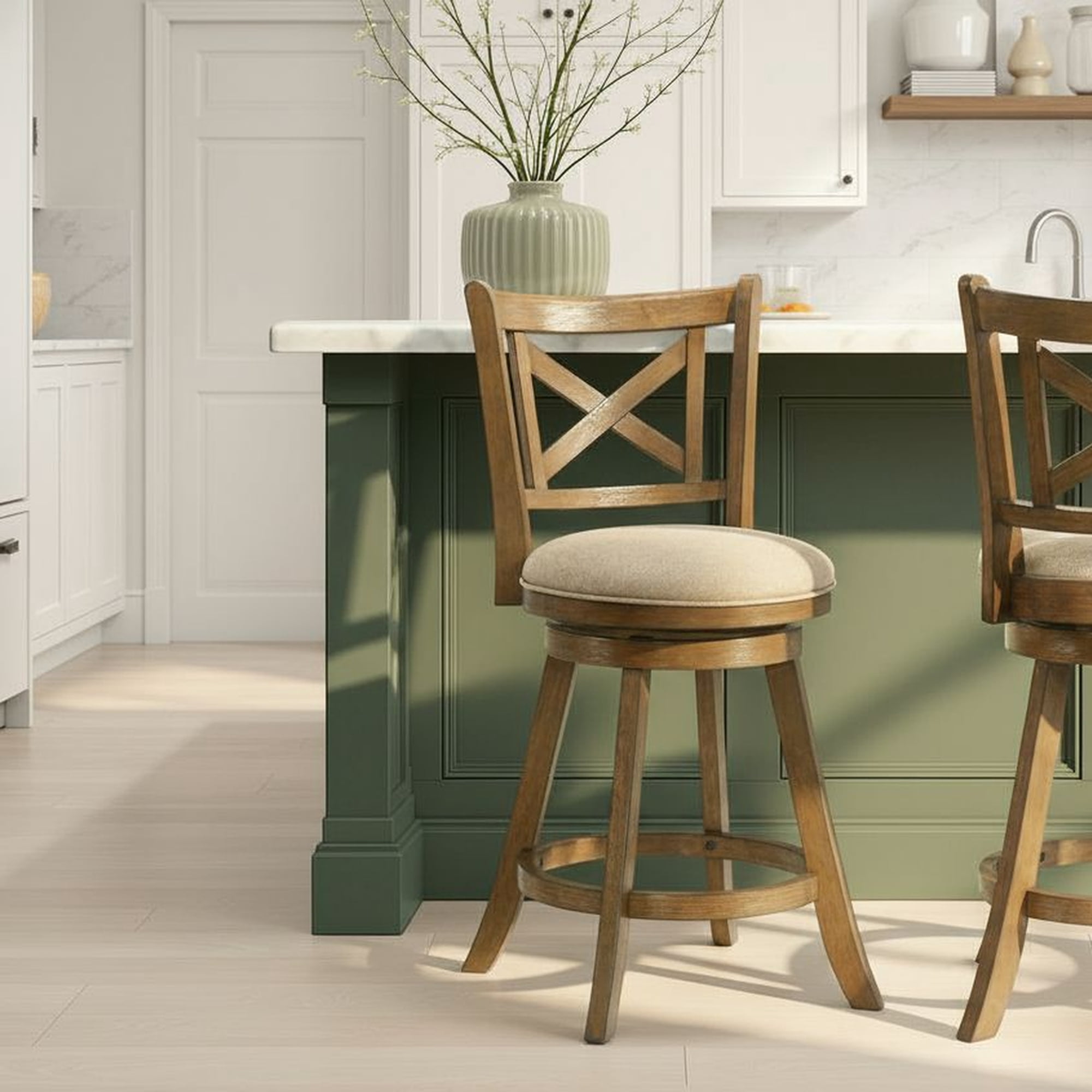 Kodi Modern Farmhouse Swivel Wood Counter Height Kitchen Bar Stool in Sepia Brown Finish with Light Scone Fabric Upholstered Seat