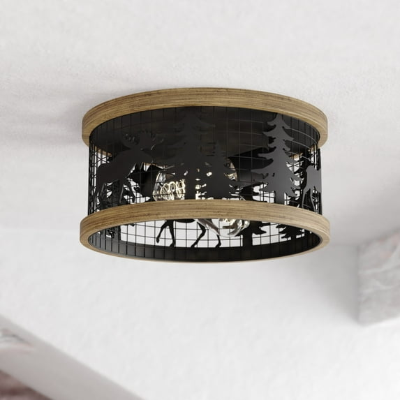 Kodiak 12-in W Black Rustic Round Cage Flush Mount Ceiling Light Fixture Moose and Tree Motif