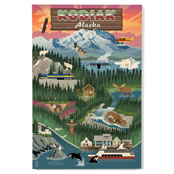 Kodiak, Alaska, Retro Scenes Birch Wood Wall Sign (12x18 Rustic Home Decor, Ready to Hang Art)