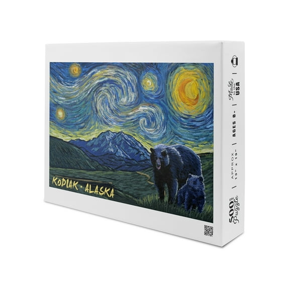 Kodiak, Alaska, Starry Night, Grizzly Bear and Cub (19x27 inches, Premium 500 Piece Jigsaw Puzzle for Adults and Family, Made in USA)