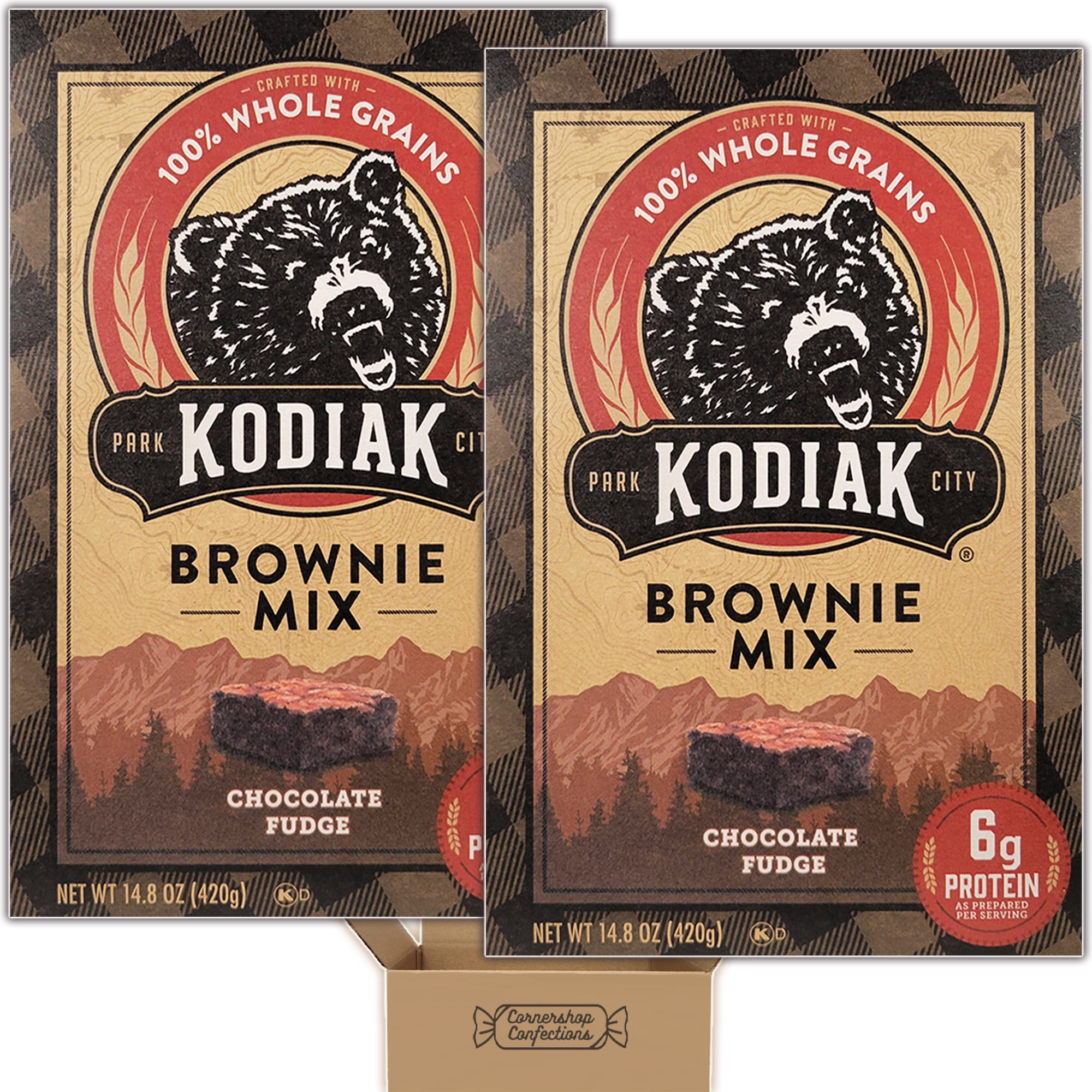 Kodiak-Cakes Brownie Mix Bulk Pack - Chocolate Fudge - 2 Individually Sealed 14.8 Ounce Boxes - 6g Protein Per Serving, Made With 100% Whole Grains, No Preservatives in Cornershop Confections Pack