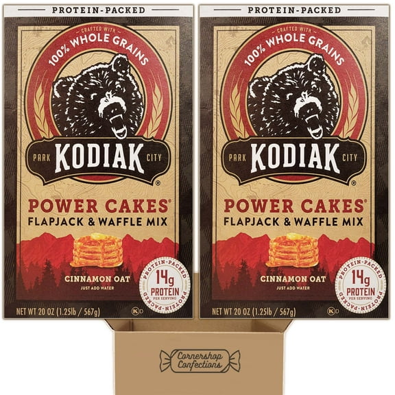 Kodiak Cakes Cinnamon Oat Flavored Power Cakes Bundle - High Protein Flapjack and Waffle Mix - 2 Individually Sealed 20 Ounce Boxes - Just Add Water or Add Milk - In Cornershop Pack