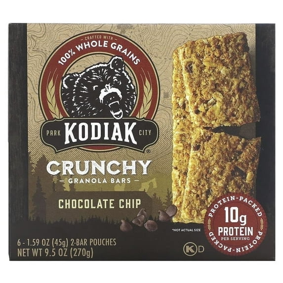 Kodiak Cakes, Crunchy Granola Bars, Chocolate Chip, 6 2-Bar Pouches, 1.59 oz (45 g) Each Pack of 3