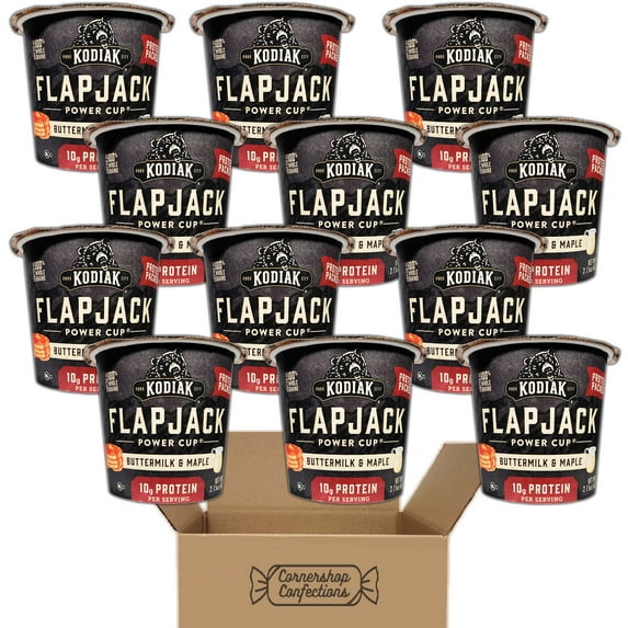 Kodiak Cakes Cups Bundle - Buttermilk & Maple Flapjack Power Cups - 12 Cups, Each 2.15 Ounces - 10g of Protein Per Serving, Made With 100% Whole Grains - On The Go in Cornershop Confections Pack