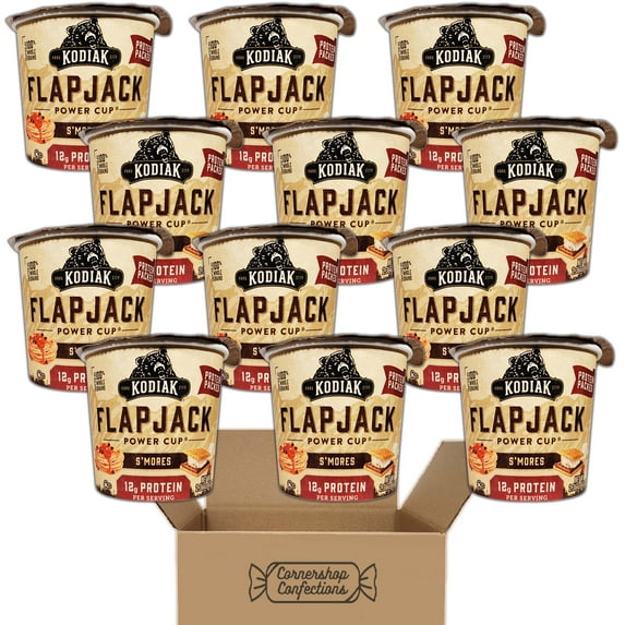 Kodiak Cakes Cups Bundle - S'mores Flapjack Power Cups - 12 Cups, Each 2.36 Ounces - 12g of Protein Per Serving, Made With 100% Whole Grains - On The Go Cups in Cornershop Confections Pack