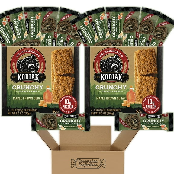 Kodiak Cakes High Protein Maple Brown Sugar Crunchy Granola Bar 12 Pouch Pack - 24 Bars - 12 2 Bar Pouches - Maple Brown Sugar Granola Bars - Hikes, On-The-Go Breakfast in Cornershop Confections Pack