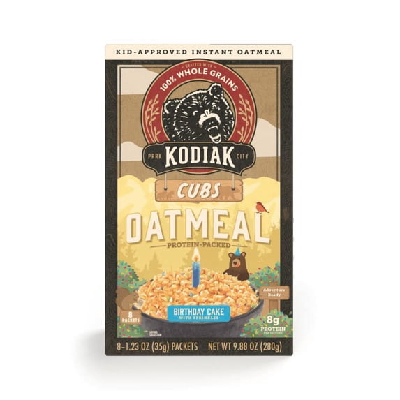Kodiak Cakes Instant Kids Cub Oatmeal Packets - High Protein Birthday Cake Oatmeal - 100% Whole Grains Breakfast Food - Birthday Cake High Protein Oatmeal (48 Packets) Bulk Oatmeal (Birthday Cake)