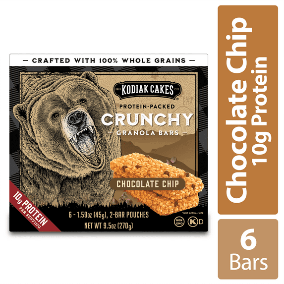 Kodiak Cakes Kosher Crunchy Granola Bars, Chocolate Chip, 6 Ct, 1.59 Oz Pack Of 12
