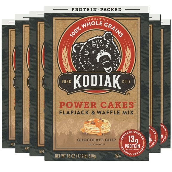 (6 pack) Kodiak Protein-Packed Power Cakes Chocolate Chip Pancake and Waffle Mix, 18 oz Box