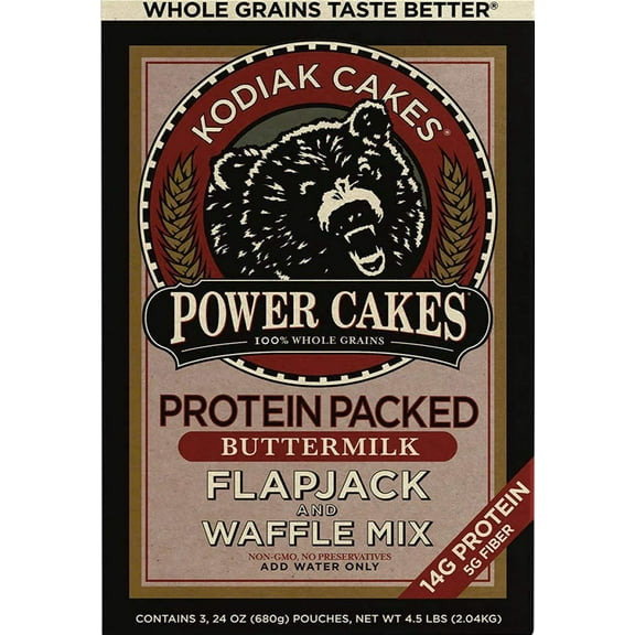 Kodiak Cakes Power Cakes: Flapjack and Waffle Mix Whole Grain Buttermilk Net Wt. 4.5 lbs (Three 24 Ounce Pouches)