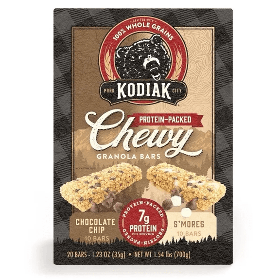 Kodiak Chewy Granola Bars Variety Pack Chocolate Chip S'mores Flavors 20 Count
