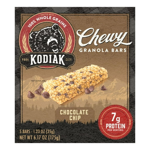 Kodiak Chocolate Chip Chewy Protein Granola Bars, 1.23 oz, 5 Count Cardboard Box