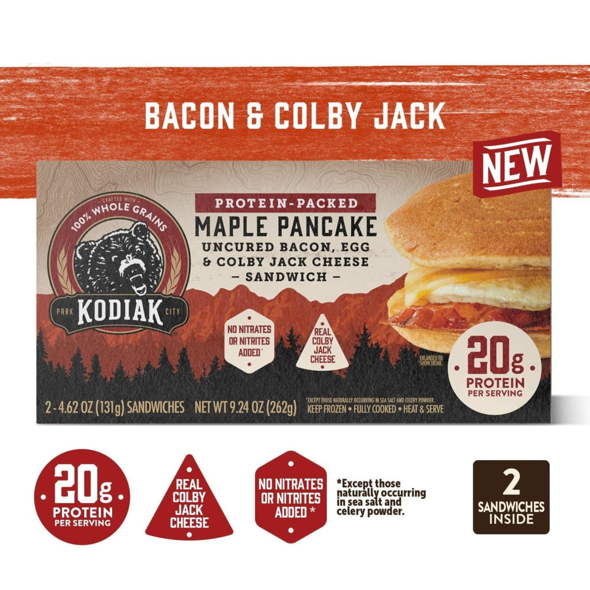 Kodiak Protein-Packed Frozen Breakfast Sandwiches, Bacon and Colby Jack, 2 Count