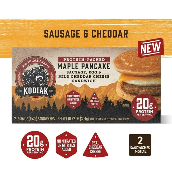 Kodiak Protein-Packed Frozen Breakfast Sandwiches, Sausage and Cheddar, 2 Count