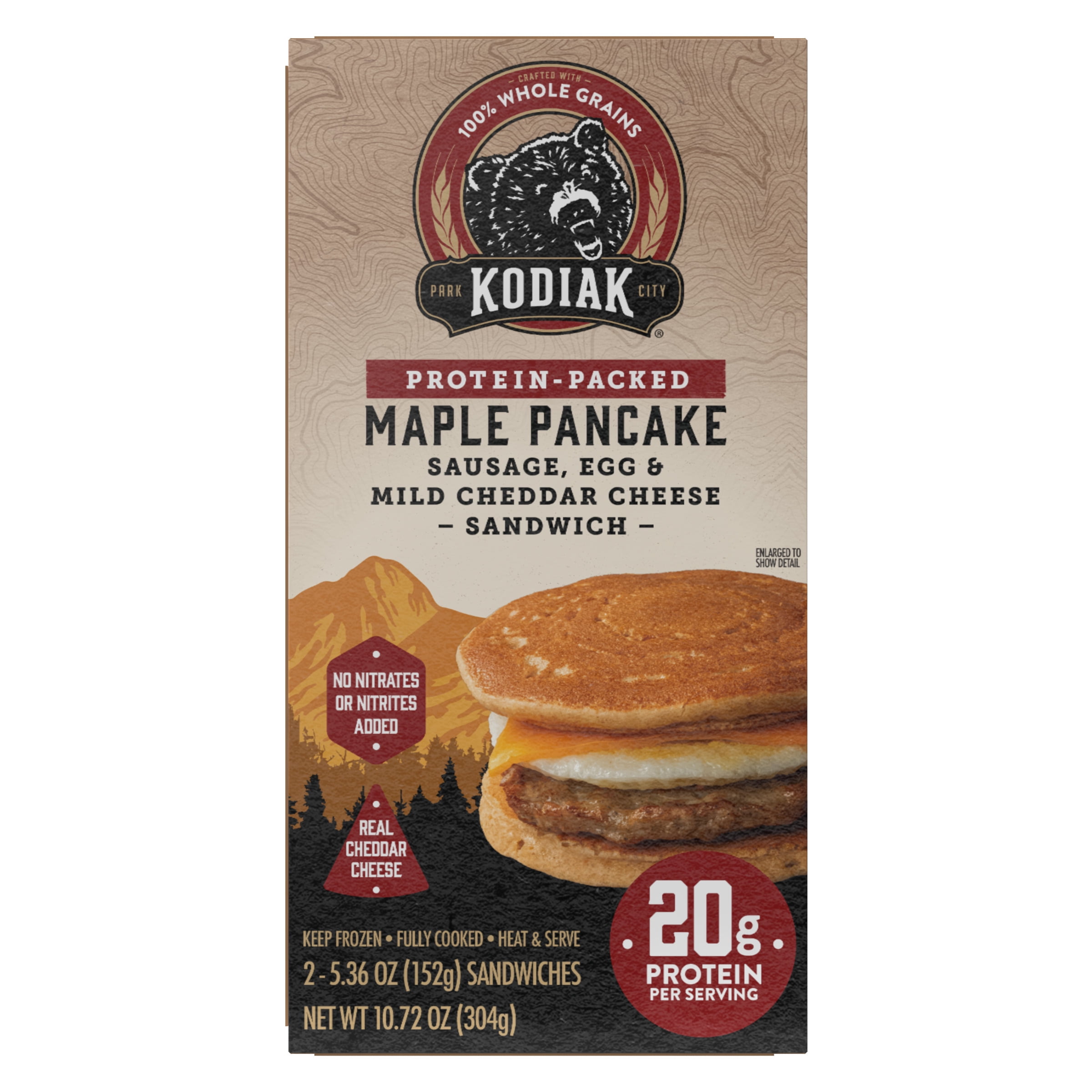Kodiak Protein-Packed Frozen Breakfast Sandwiches, Sausage and Cheddar, 5.36 oz, 2 Count Cardboard Box