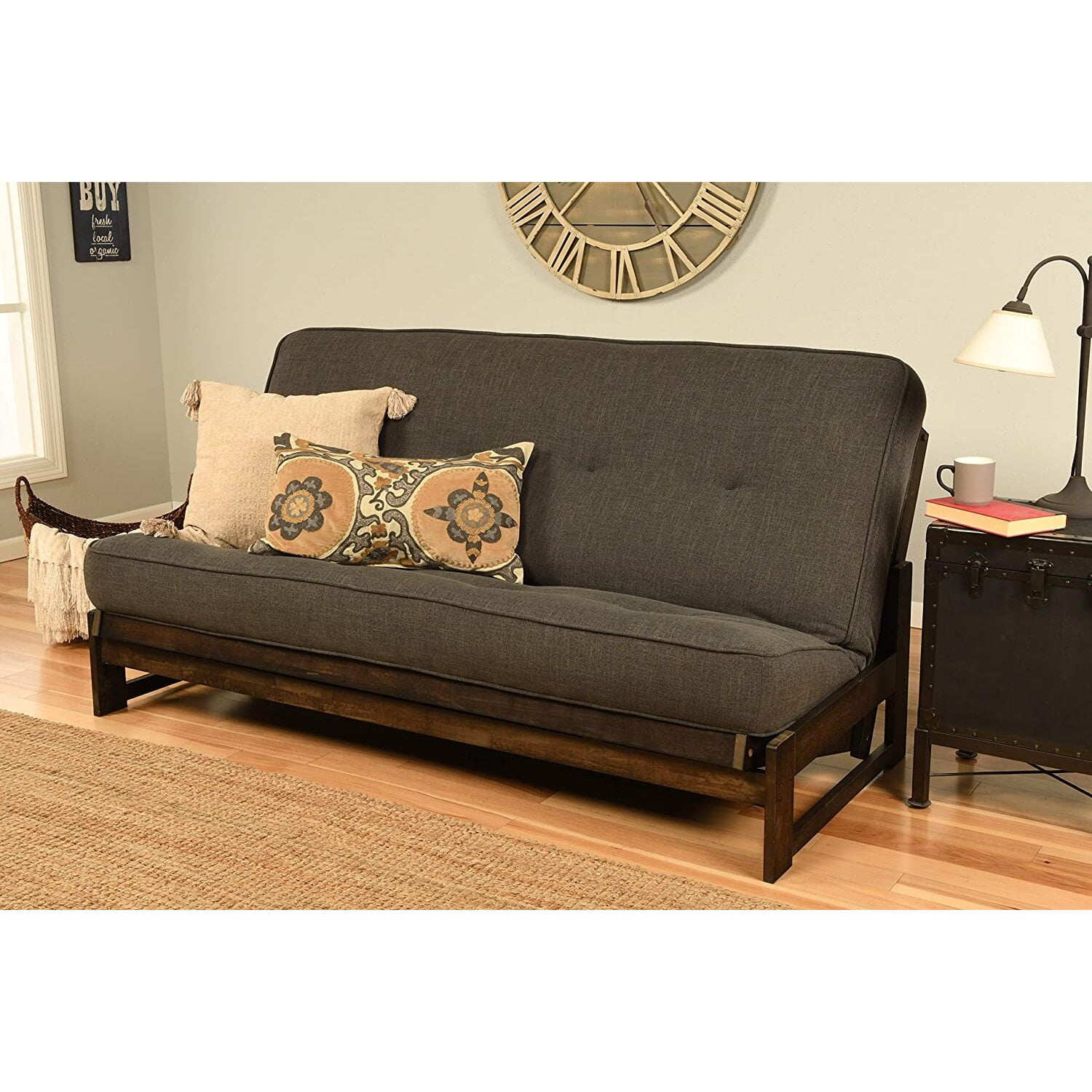 Charcoal Gray Linen Tufted Sleeper Futon with Hardwood Frame