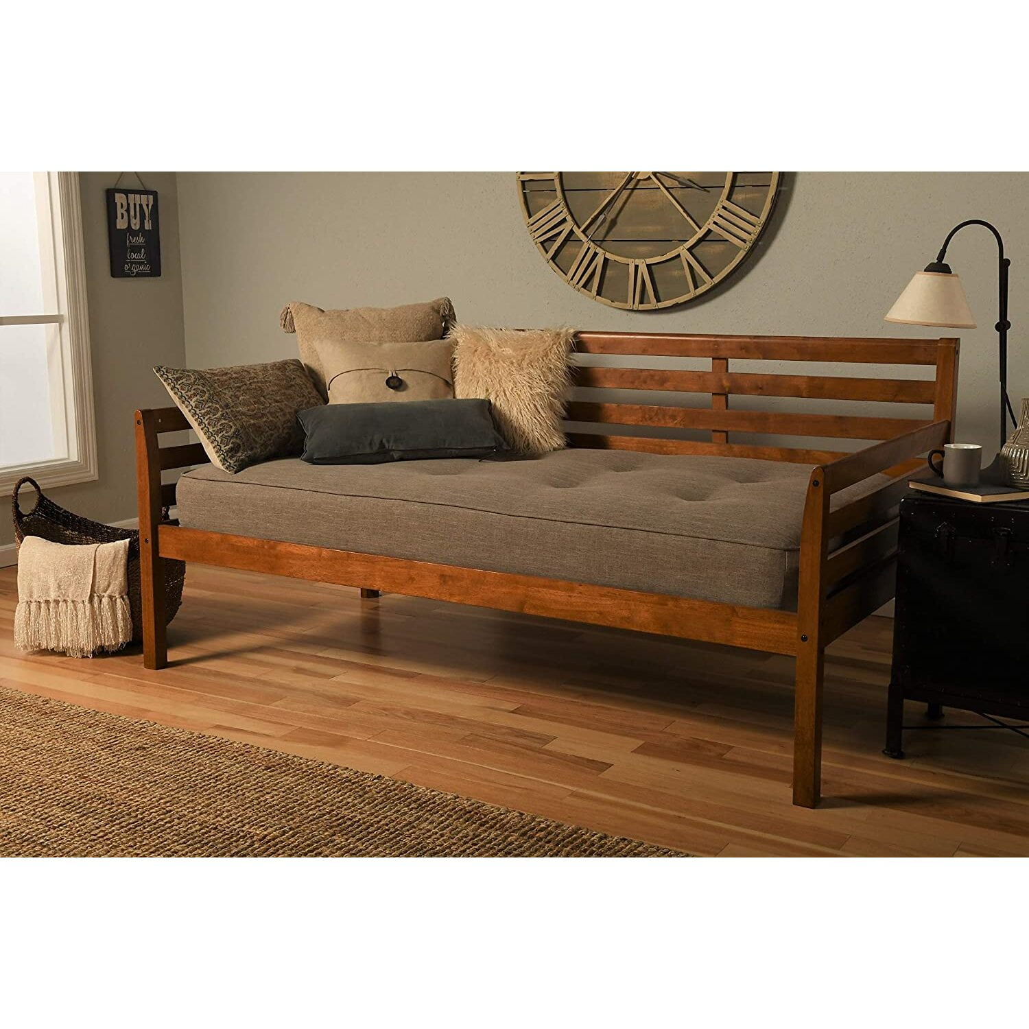 Twin Barbados Brown Pine Wood Daybed with Beige Linen Upholstery