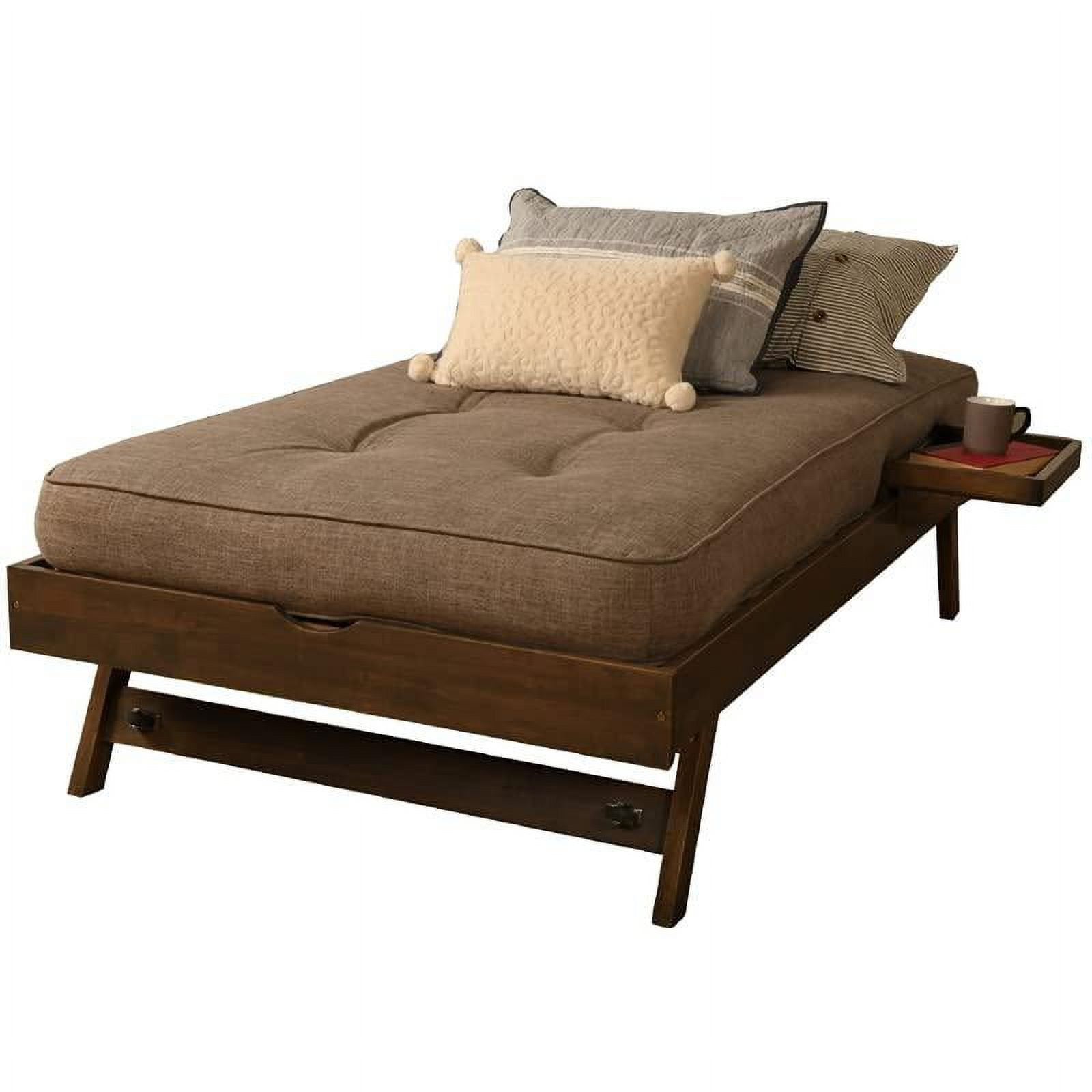 Rustic Walnut Twin Pop Up Bed with Linen Upholstery and Tray