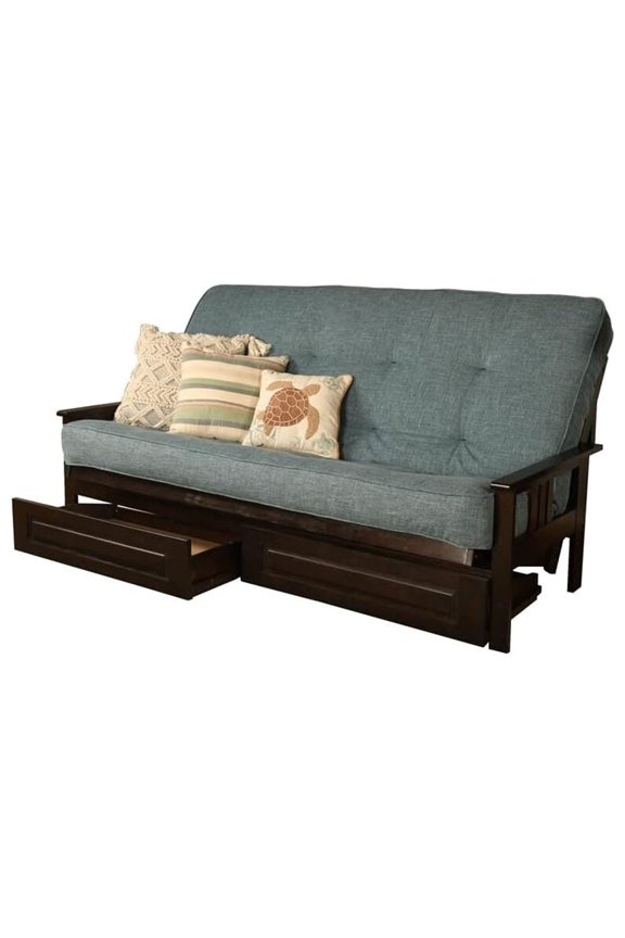 Futon Pad, 8" High Density Foam Queen-size, Hand-tufted, Linen Aqua Blue