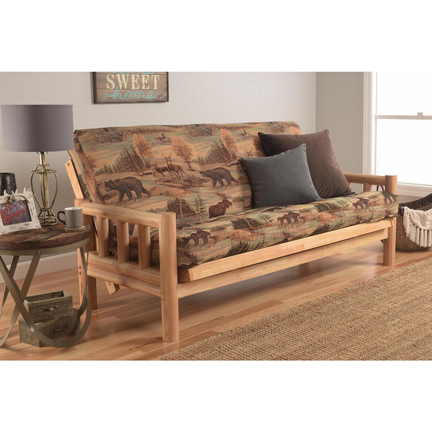 Rustic Full-Size Natural Wood Futon with Canadian Print Mattress