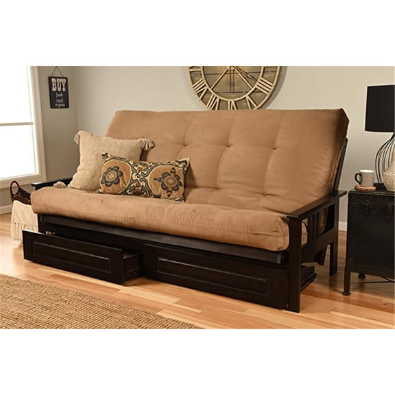 Kodiak Furniture Monterey Queen Futon Frame with Mattress-Color:Suede Peat,Size:Drawers included,Style:Espresso Finish