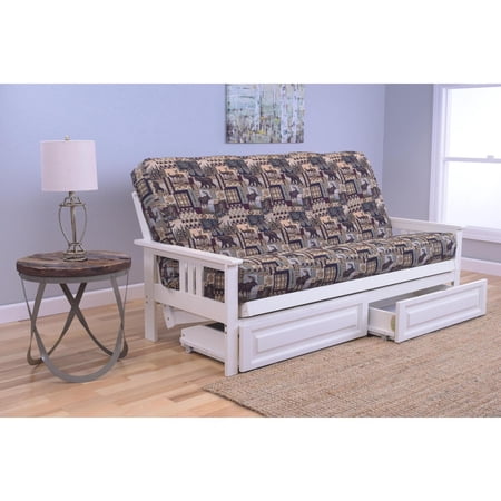 Kodiak Furniture Monterey White Storage Futon with Multi-Color Fabric Mattress