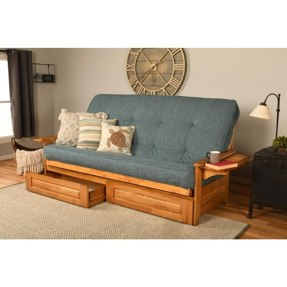 Kodiak Furniture Phoenix Queen Butternut Wood Storage Futon- Aqua Blue Mattress