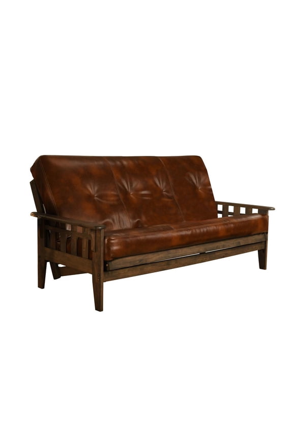 Tucson Rustic Walnut Futon with Brown Faux Leather Mattress