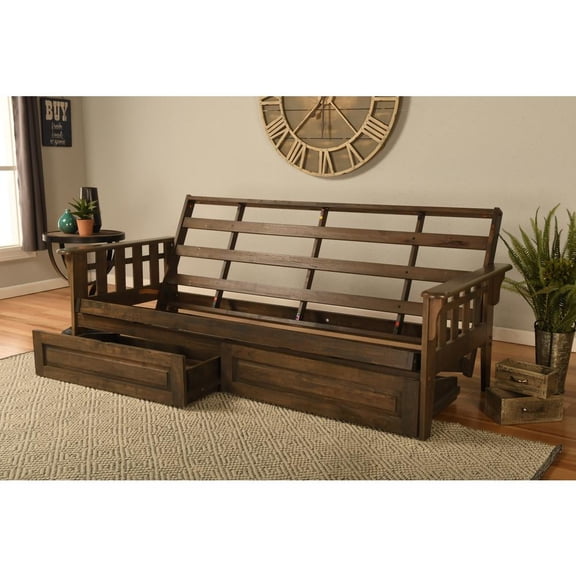 Kodiak Furniture Tucson Wood Futon Frame with Storage in Rustic Walnut Brown