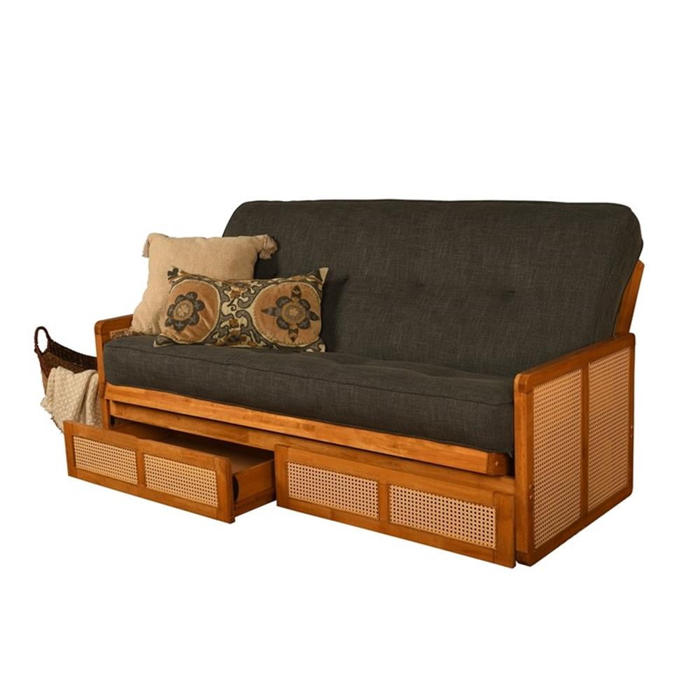 Charcoal Gray Linen Full Sleeper Futon with Honey Wood Frame and Storage